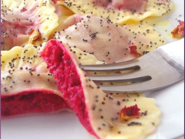 Casunziei Ampezzani beet ravioli, ricotta and typical poppy of cortina d Ampezzo in Italy